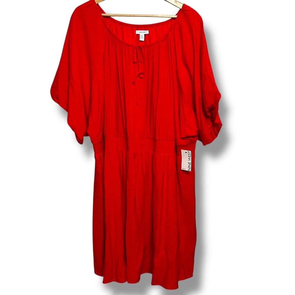 NWT Nine West Puff Sleeve‎ Cinched Smocked Waist Mini Dress Size 3x Red-Orange